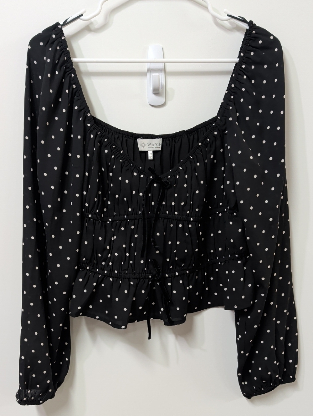 Wayf Black White Polka Dot Smocked Cropped Blouse Size Medium